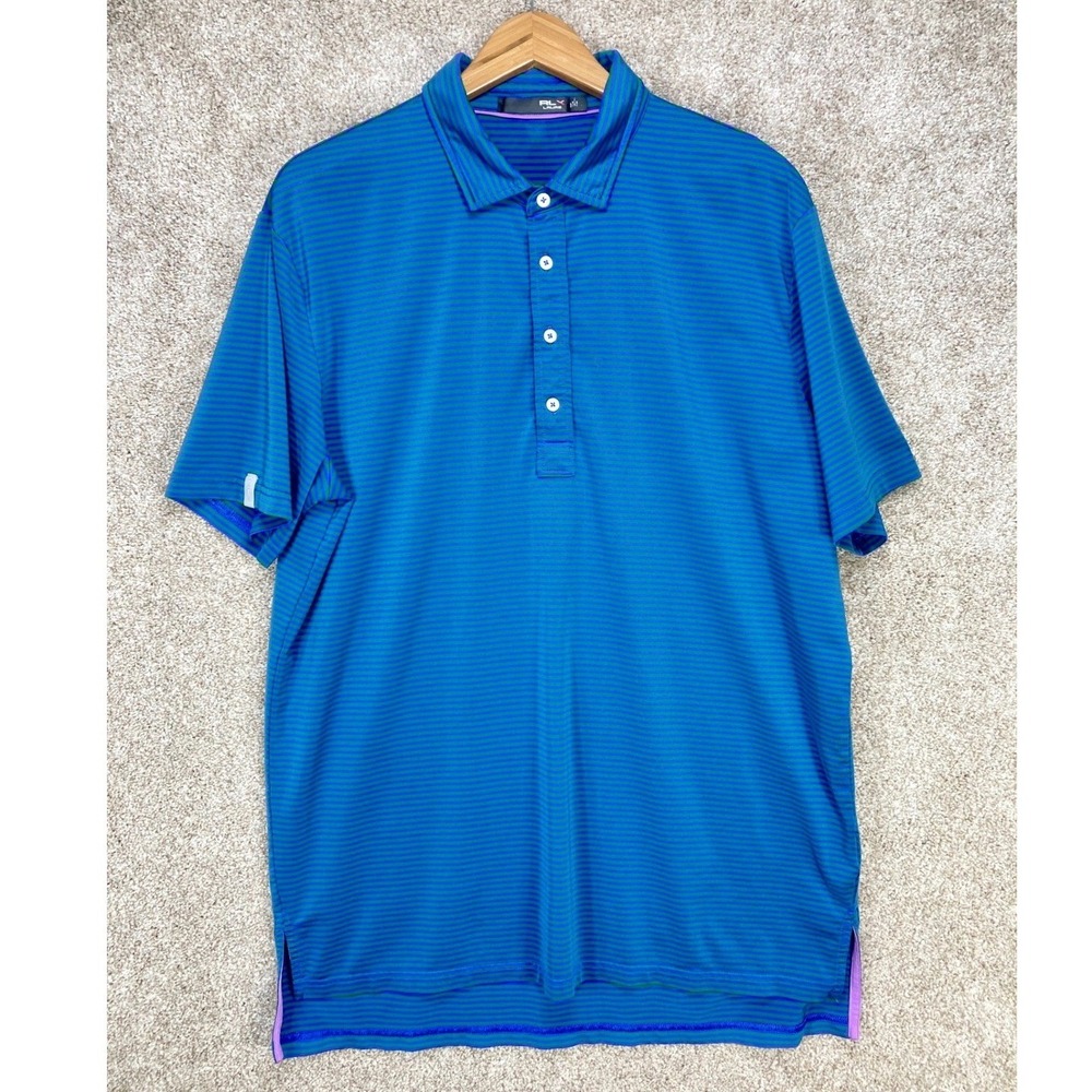 RLX Ralph Lauren Striped Golf Polo Shirt Mens Sz XL Blue Green Stretch Gorpcore